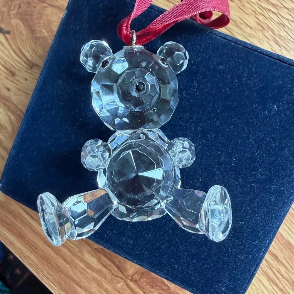 Faceted Lead Crystal Teddy Bear Ornament with Red Ribbon and Blue Velvet Box